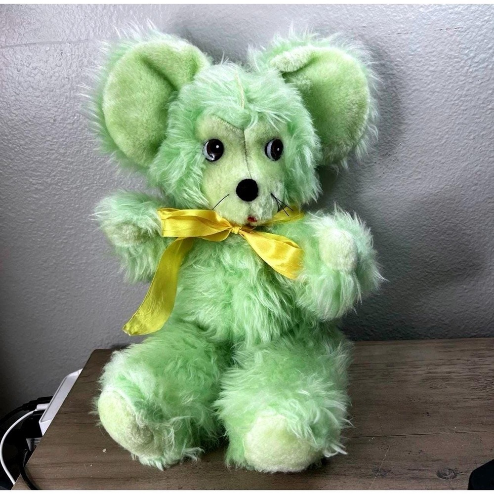 Vintage 50s Rushton Green Plush Mouse‎ 18" Yellow Ribbon Atlanta, GA HTF